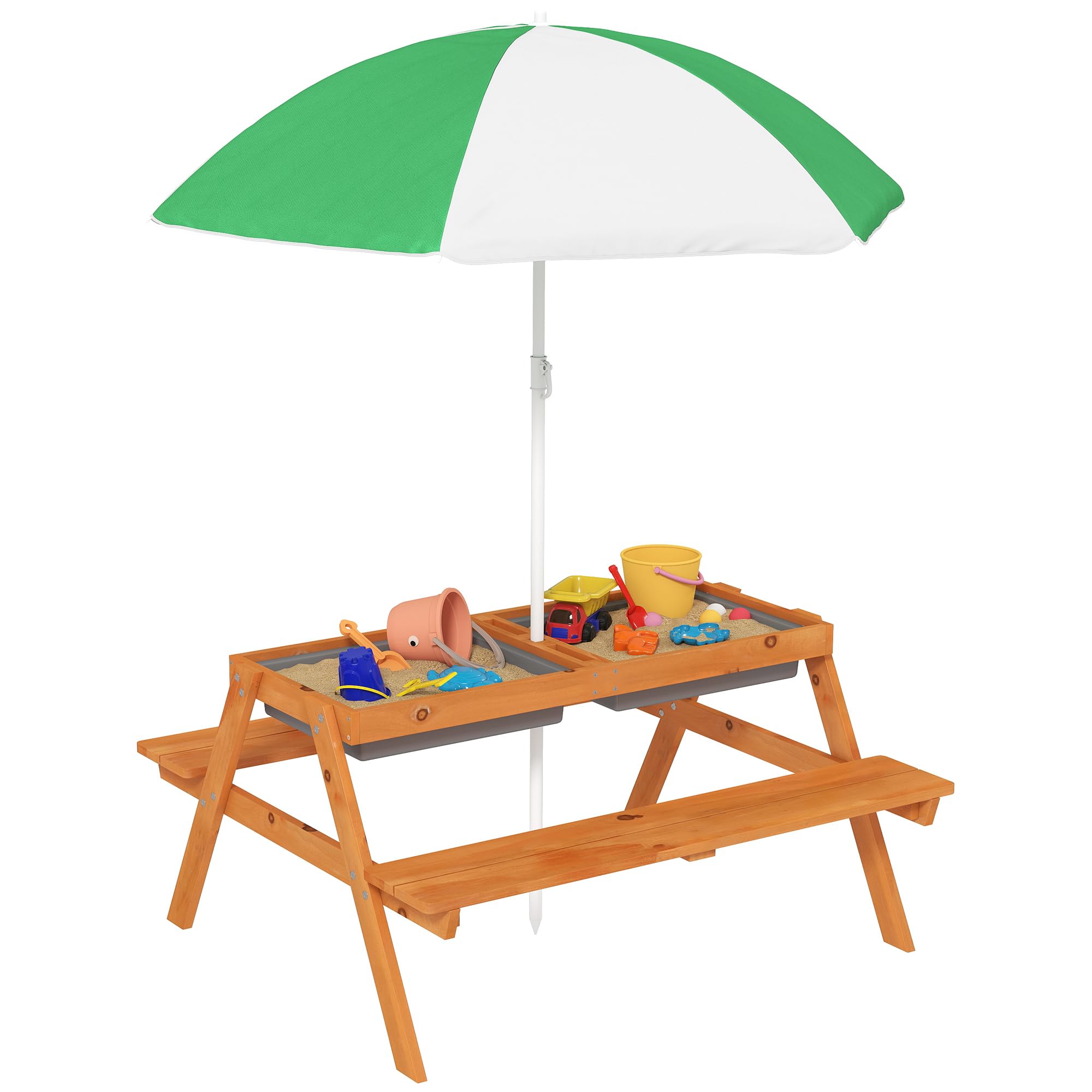 Outsunny Kids Picnic Table, Wooden Sand and Water Table with Benches, Adjustable Parasol, Storage Bins, Outdoor Garden Furniture for Kids 3-6 Years, Brown