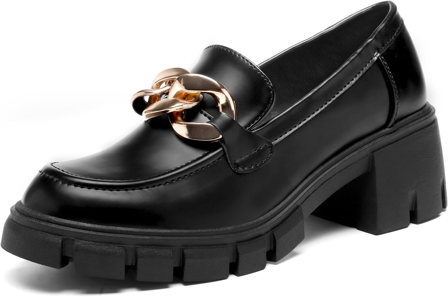 STUNAHOMEWomen's Platform Loafers with Chain Fashion Round Toe Slip On Chunky Heel Lug Sole Loafers Shoes Penny Casual Business Shoes