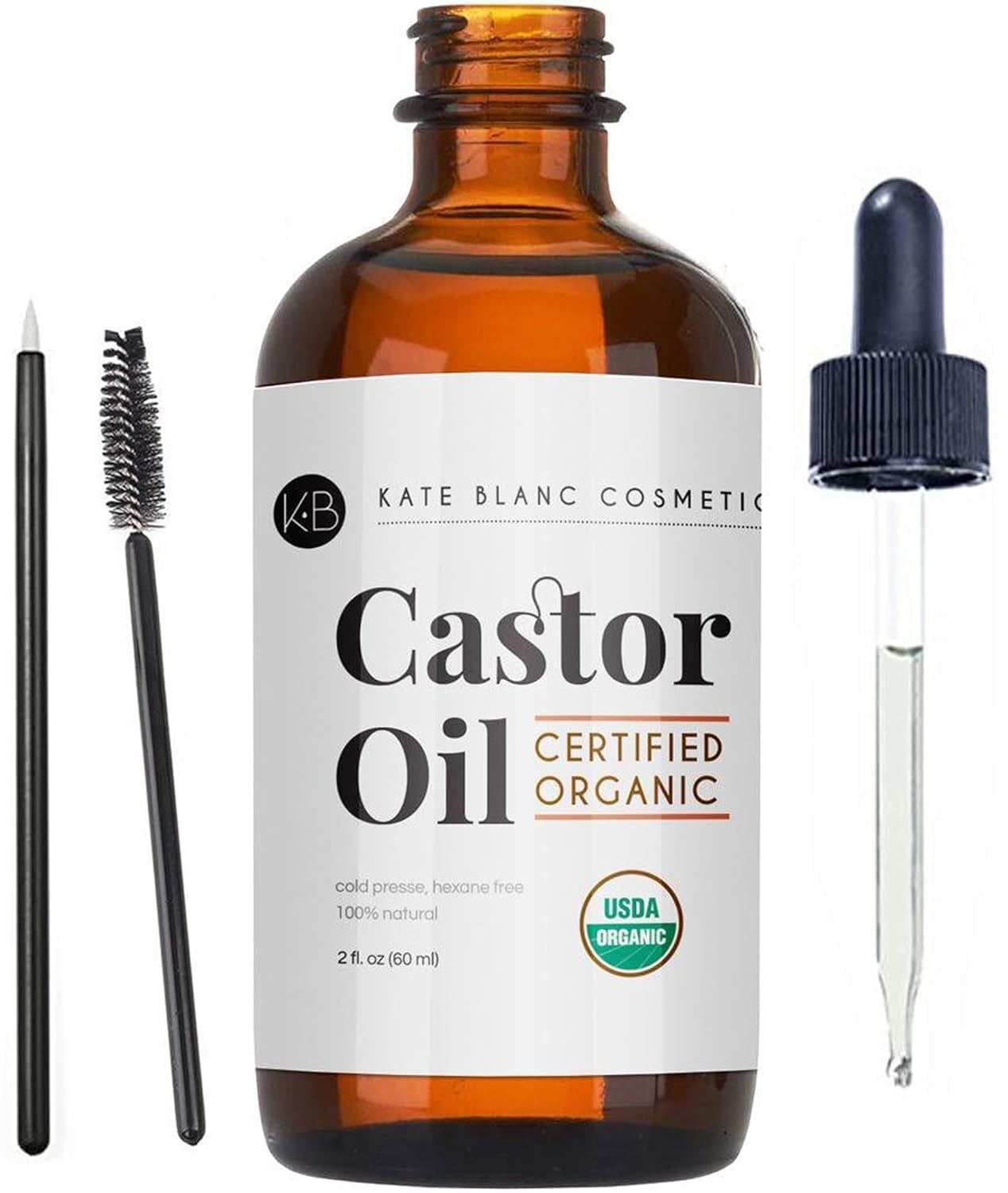 Castor-Oil (2oz), USDA Certified Organic, 100% Pure, Cold Pressed, Hexane Free by Kate-Blanc. Stimulate Growth for Eyelashes, Eyebrows, Hair. Skin Moisturizer