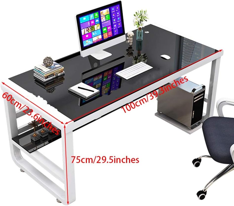HYO&ZOY Gaming Desk Tempered Glass Desk Computer Workstation Writing Desk with Threading Hole Storage Stand Study Modern Workstation for Home Office (Color : Pink, Size : 39.3inch)