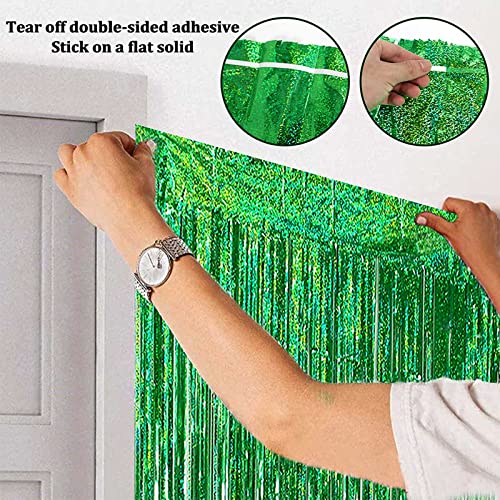 Image of 4 Pack Green Foil Fringe Curtain Backdrop, 3.28Ft x 8.2Ft Metallic Tinsel Foil Fringe Streamer Curtains for Photo Booth Props Decor Party Supplies