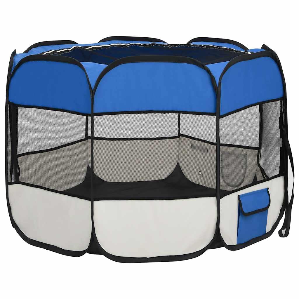 Parque plegable para cachorros con bolsa de transporte, color azul, 90 x 90 x 58 cm, marco de metal estable, plegable y portátil, ideal para entrenamiento, protección y seguridad en el