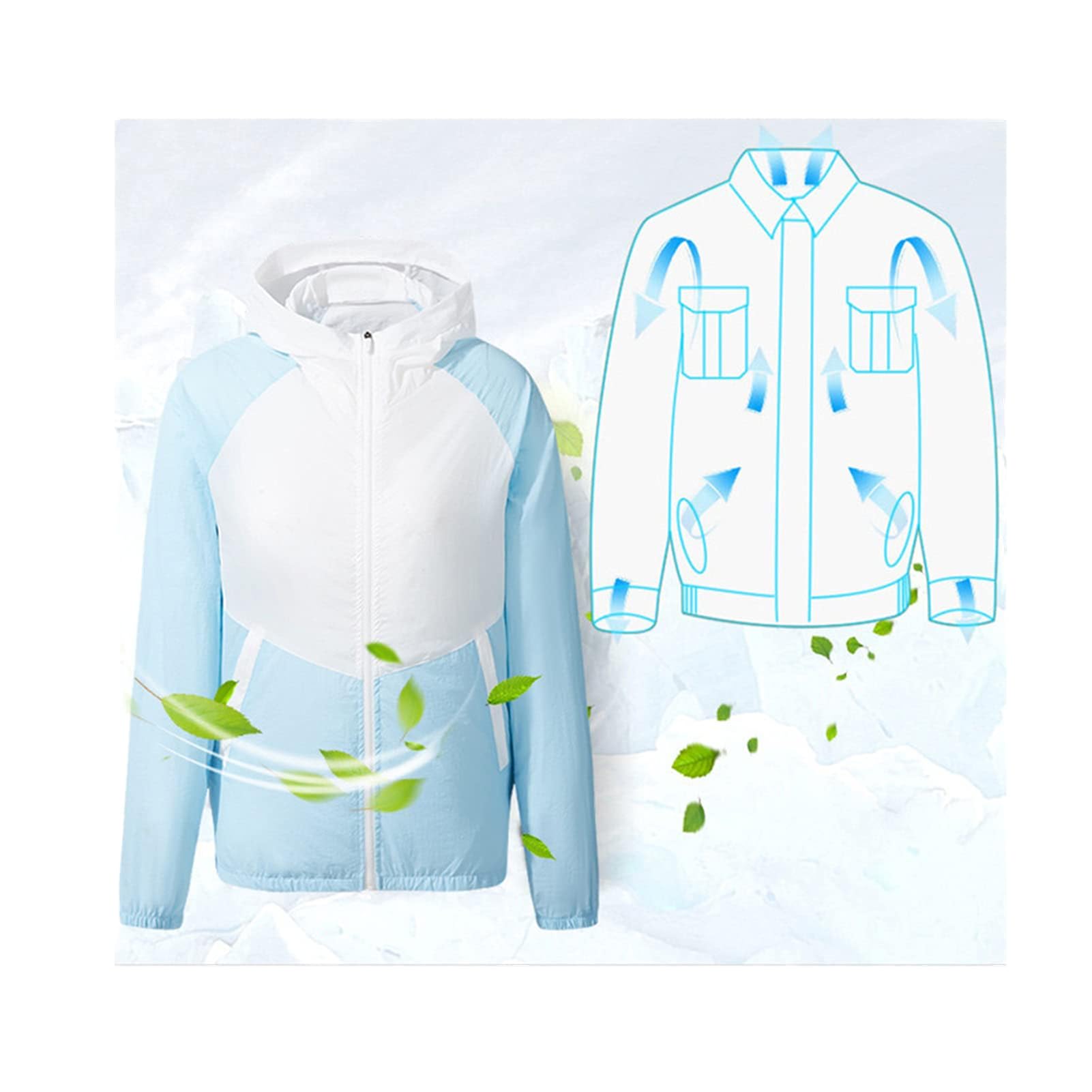 Kühlende Ventilatorjacke mit Kapuze, 3-stufig verstellbar, aus UV-beständigem Stoff, bequem und atmungsaktiv, geeignet zum Kühlen im heißen Sommer und für Arbeiten im Freien