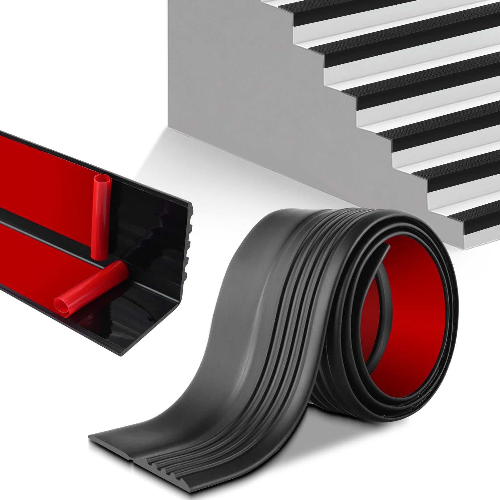 Nez d'escalier antidérapant en vinyle auto-adhésif, marches en PVC flexible pour intérieur et extérieur, imperméable et résistant à l'usure (5 + 4,8 x 12 m et noir)