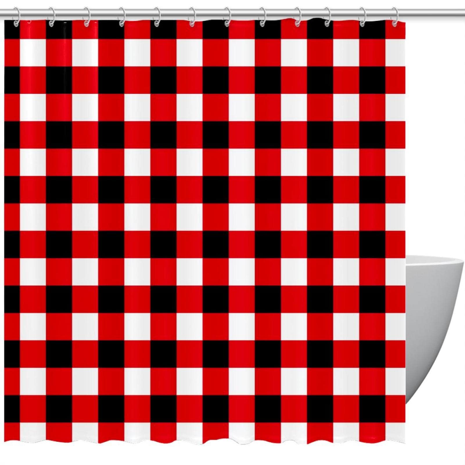 Rideau de douche pour enfants aux motifs géométriques rouge et blanc avec ses crochets