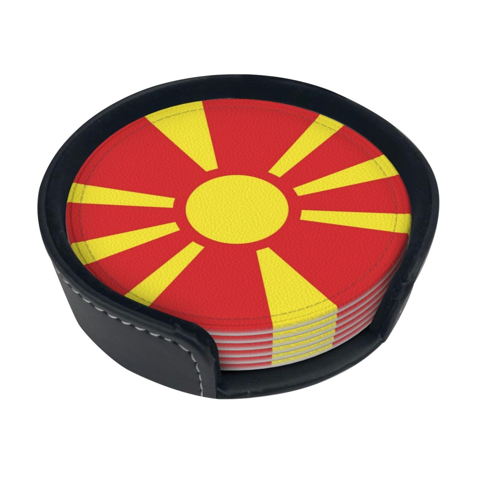 Flag of North Macedonia Leather Coasters-Set of 6 with Storage Holder