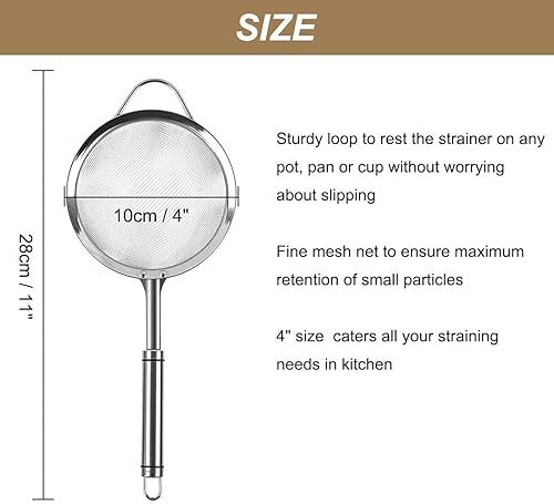 Miniatura 9 de Colador de malla fina de acero inoxidable con mango resistente, perfecto para alimentos, café, azúcar, harina, frutas, 4.5 pulgadas