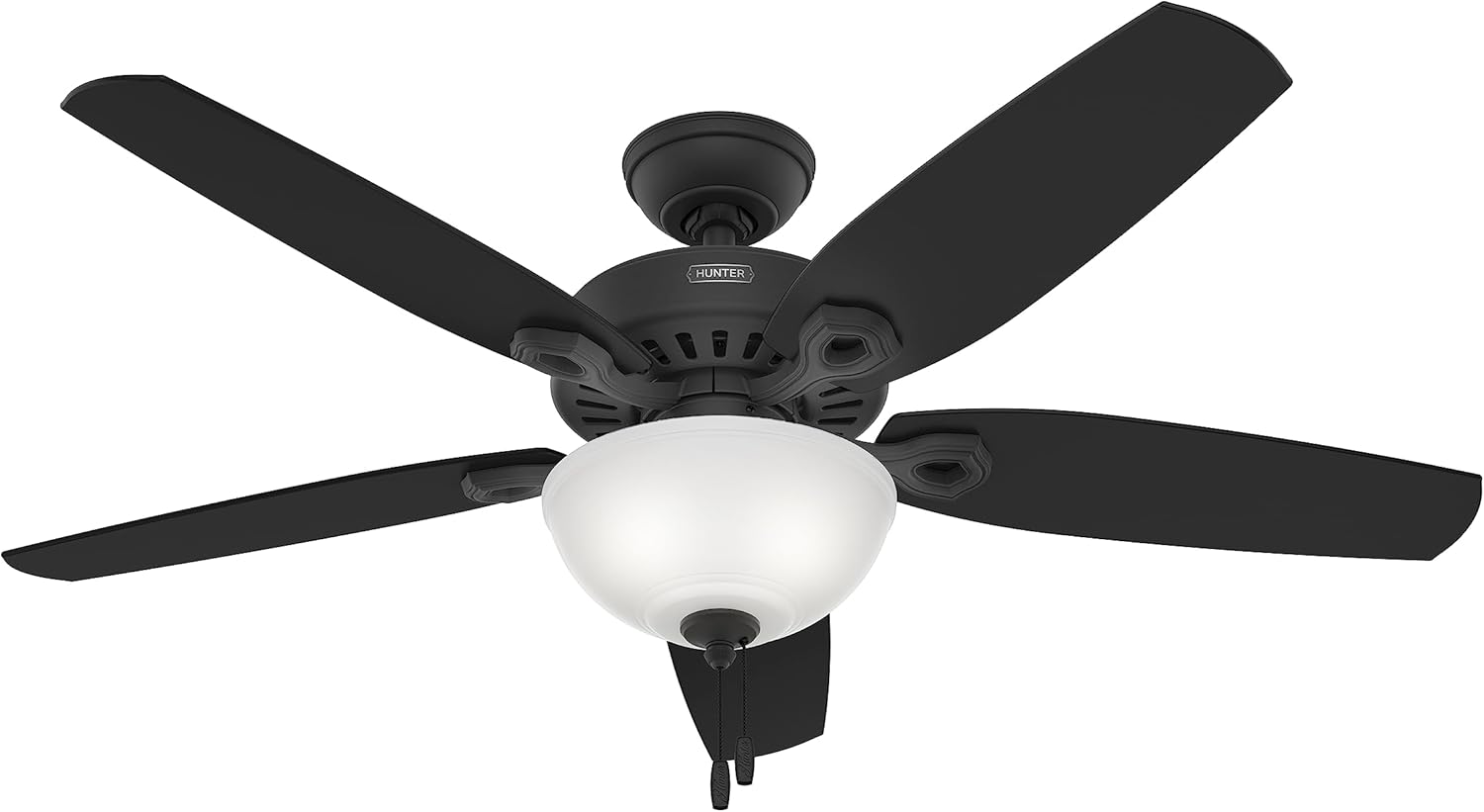 Hunter 52 inch Indoor Ceiling Fan with LED Light - Black Ceiling Fan with Pull Chain, For Bedroom or Living Room, Standard Mount, No Remote, 5 Blades, Includes Bulbs- Builder Deluxe 52386, Matte Black