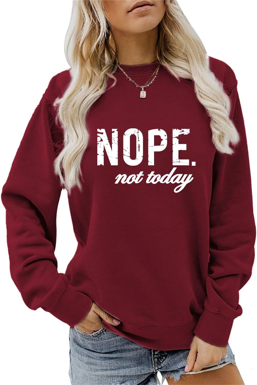 ESIKAH Nope Not Today Sweatshirt Vintage Letter Printed Shirts Womens Casual Crewneck Graphic Pullover Tops Not Today Shirt, Wine Red, Large