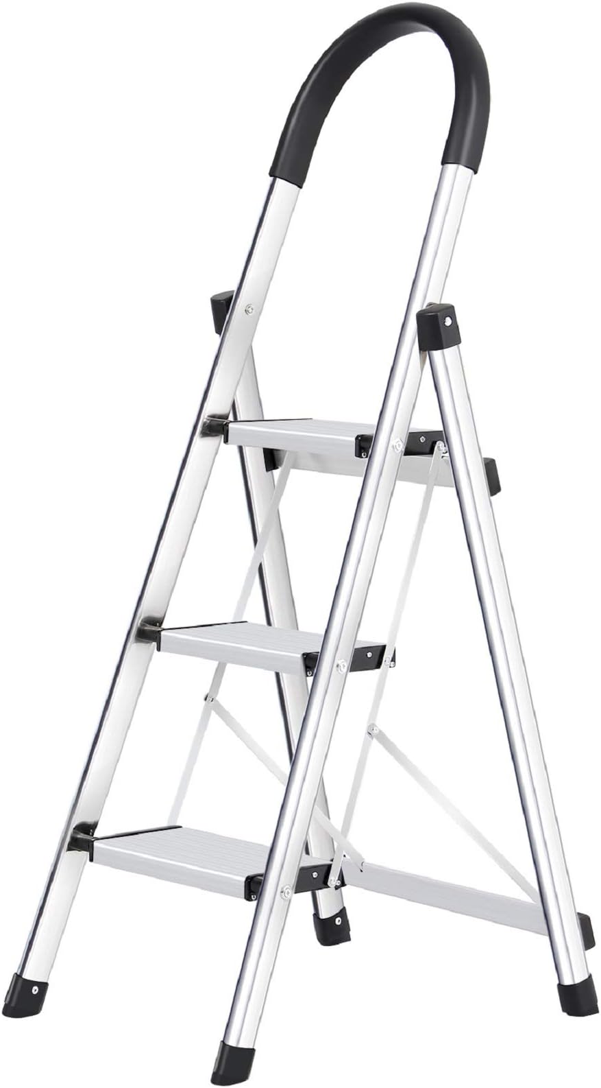 Lionladder 3 Step Ladder, Folding Step Stool with Wide Anti-Slip Pedal, 330lbs Sturdy Steel Ladder, Sponge Safety Handgrip, Lightweight, Portable Step Stool，Silver