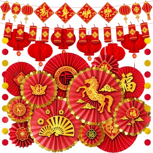 Chinese New Year Decorations 2026-42Pcs Red Lantern,Lucky Paper Fans, Happy New Year Banner Oriental Hanging Swirls for Year of the Horse 2026