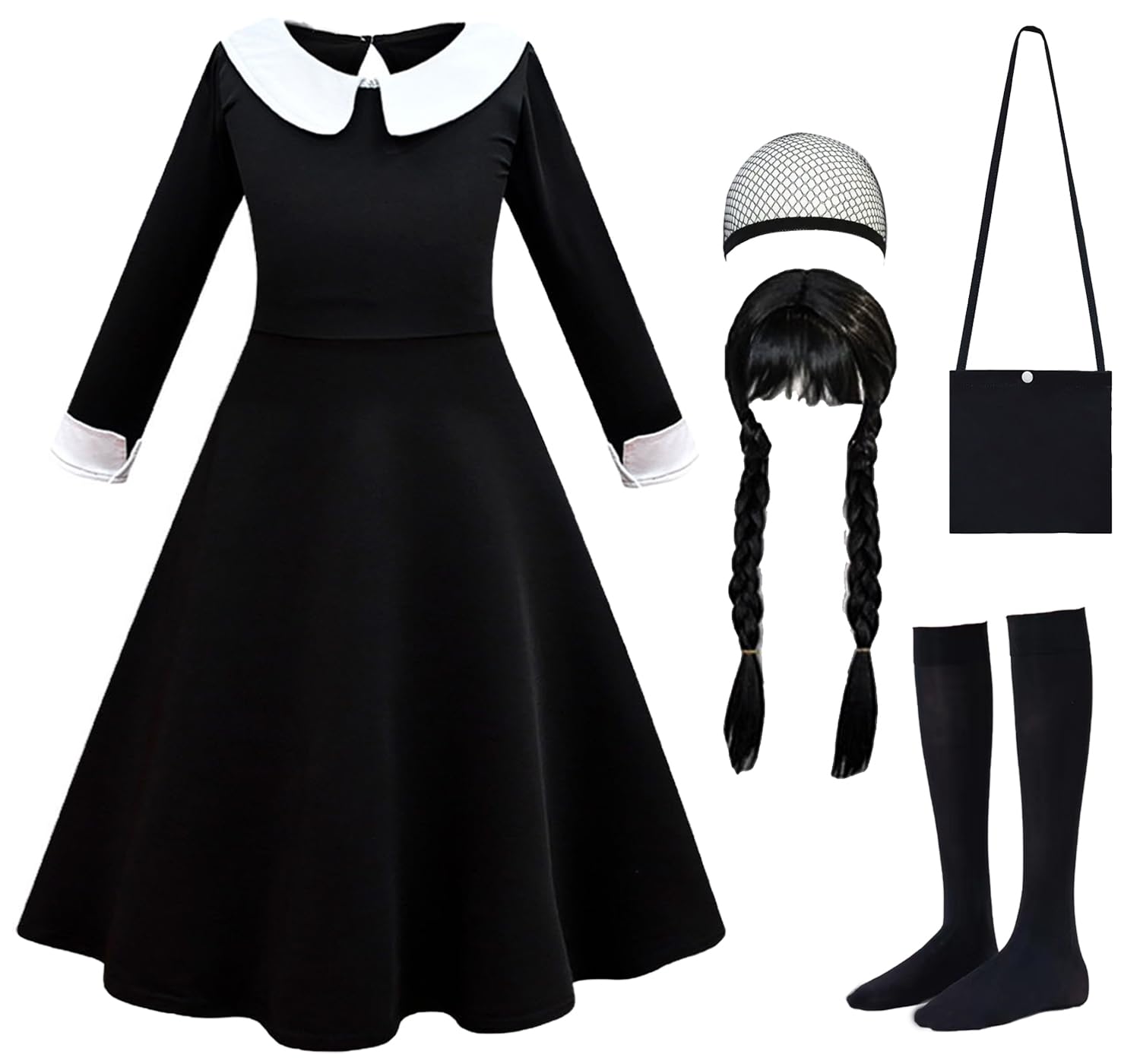 Disfraz negro para niñas con peluca, calcetines, vestido familiar negro para Halloween, cosplay
