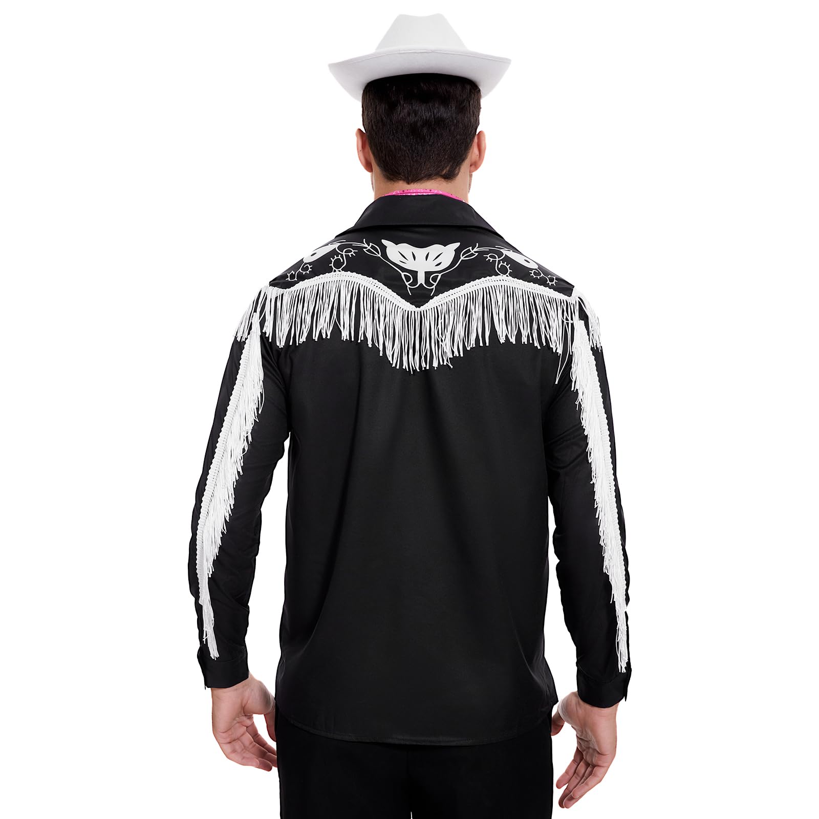 AKFJDLAD Men Western Classic Shirt Cowboy Costume Halloween Long Sleeve Black Printed Shirt with White Fringe Cosplay Costume with Scarf (2XL) - Image 3