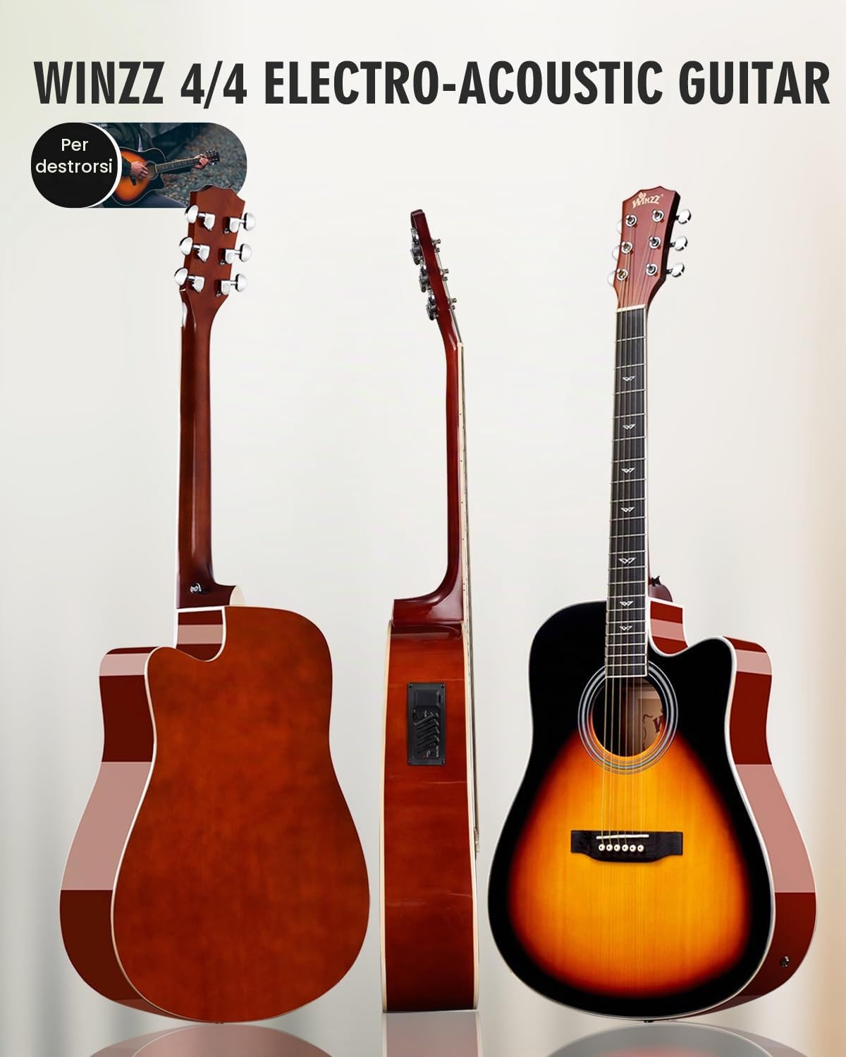 Winzz Chitarra Acustica Elettroacustica 4/4 41 Pollici Kit con 12 Accessori Lucido Sunburst