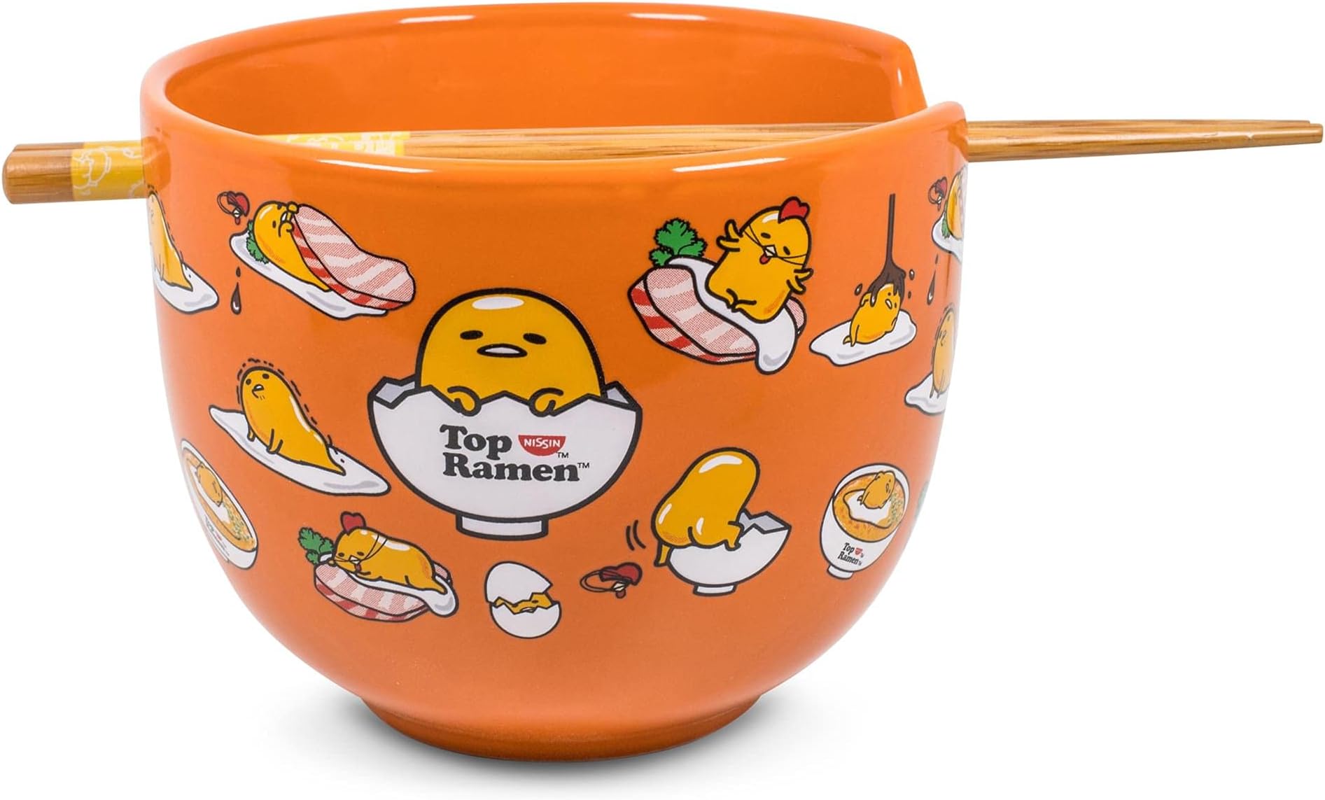 Gudetama Japanese Ceramic Dinnerware Set | Includes 20-Ounce Ramen Bowl and Wooden Chopsticks | Asian Food Dish Set For Home Kitchen | Kawaii Anime Gifts, Official Sanrio Lazy Egg Collectible