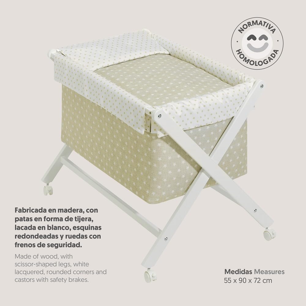 Interbaby Culla Neonato Legno con Ruote e Materasso Completa (Star Beige) | Navicella prodotta in Spagna, completa con materasso, biancheria, piumino e cuscino in microfibra, ruote con freno