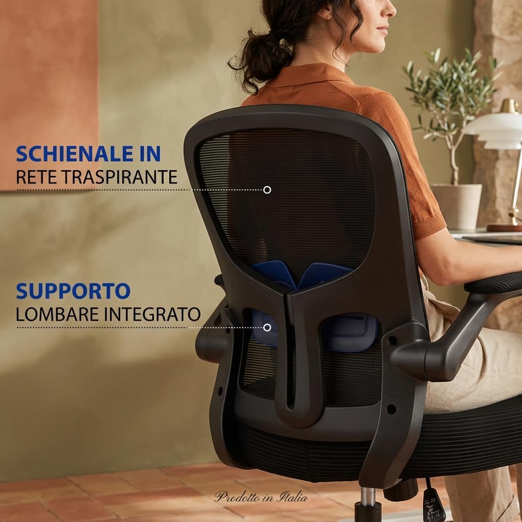 Sedia Ufficio Ergonomica, Sedia da Scrivania e PC Girevole con Supporto Lombare Regolabile, Schienale in Rete, Braccioli Ribaltabili, Altezza Regolabile, Basculante, Nero