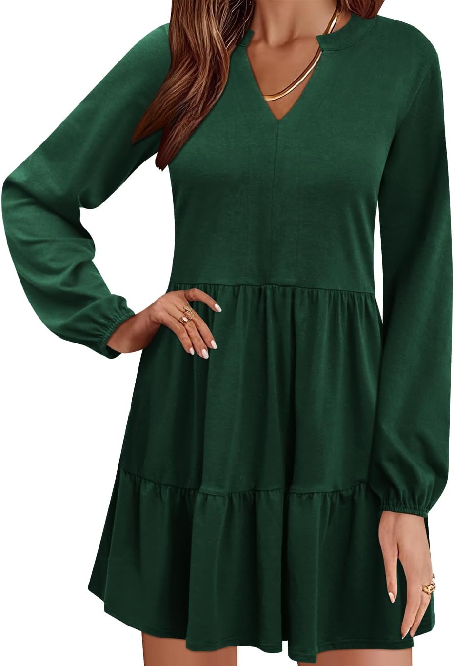 QACOHU Women Spring Tunic Dress 2026 V Neck Casual Tiered Long Sleeve with Pockets A-Line Swing Mini Babydoll Dress