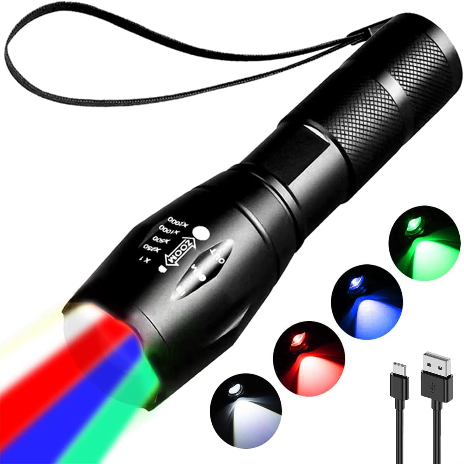 MODOAO 4 in 1 LED Torch, Rechargeable Red Green Blue White Light Flashlight, 4 Modes Photography Fill Light, Zoomable Waterproof Multicolor Flashlight for Fishing, Camping, Hiking, Daily Lighting