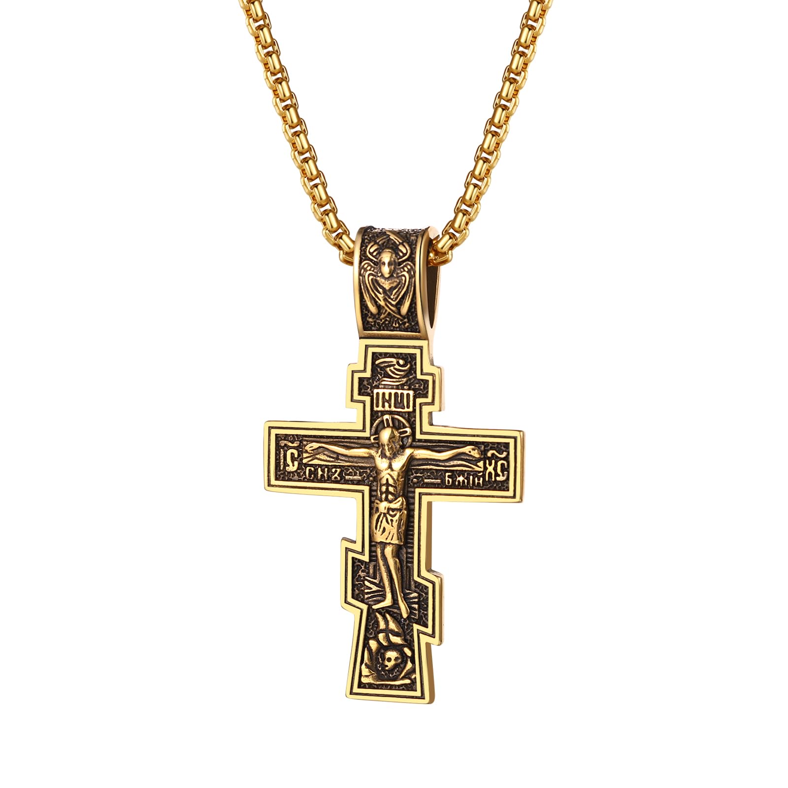 Rofusn Orthodox Crucifix Cross Necklace for Men: Stainless Steel Religious Jesus Crucifix Byzantine Cross Christian Amulet Pendant Jewelry Gifts for