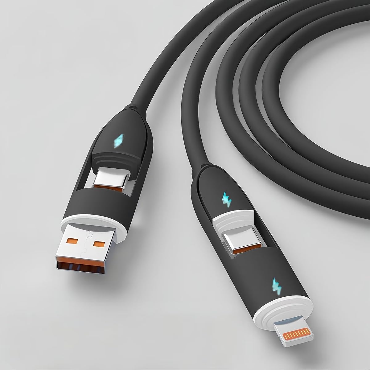 Cable de carga súper rápida 4 en 1 - Transferencia de datos de alta velocidad - 66W PD | USB-C a Lightning: compatible con iPhone, iPad, Samsung, Xiaomi y más dispositivos (negro)