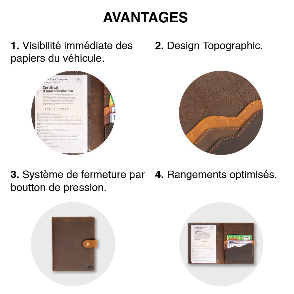Alaskan MAKER - Étui à Carte Grise en Cuir Pleine Fleur - Rangement Documents Voiture & Cartes - Protection RFID - Fermeture Sécurisée Bouton Pression - Format Compact et Résistant (Wood)
