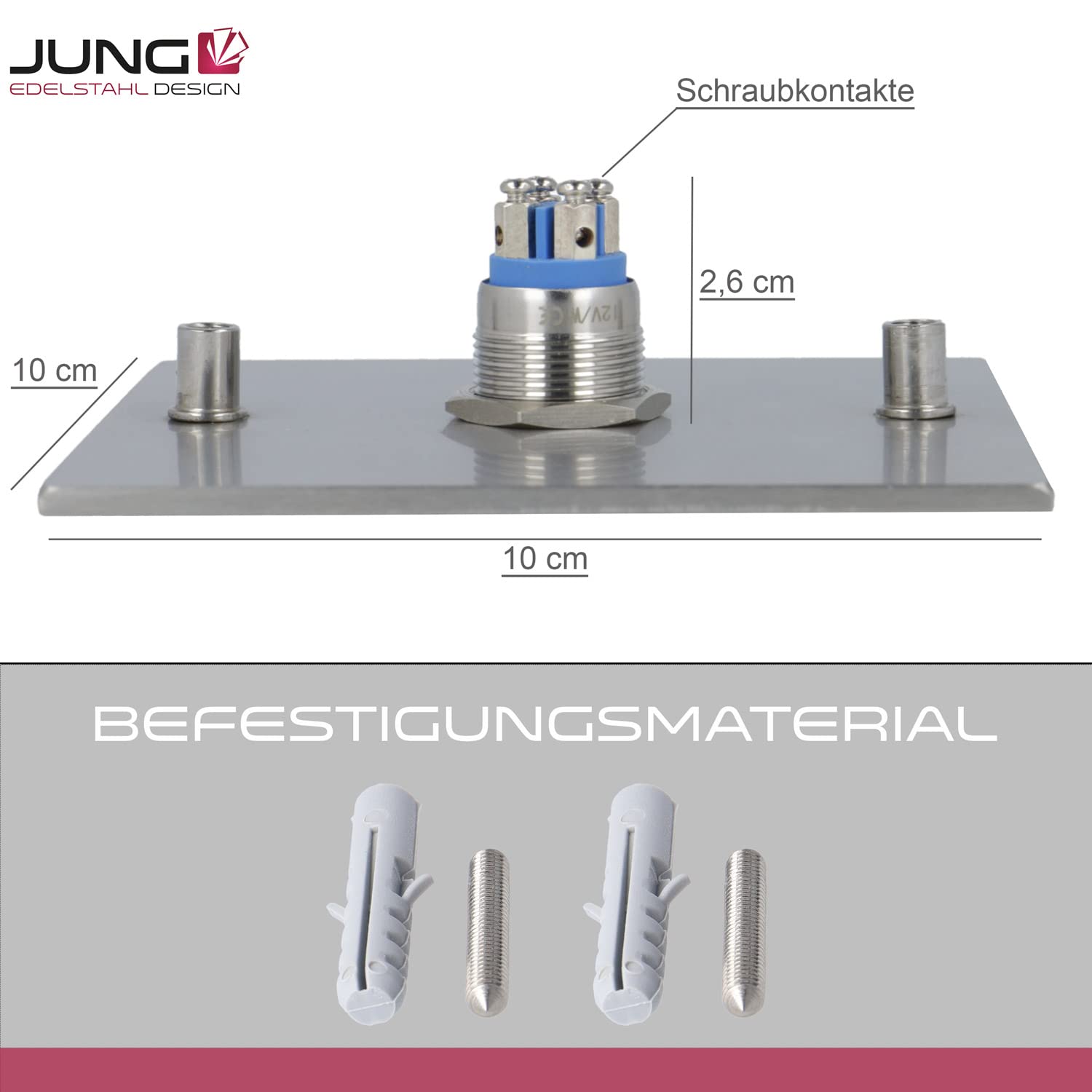Jung-Edelstahl-Design Türklingel Bochum mit Gravur. Moderne Klingelplatte in verschiedenen Größen. Led Taster in (weiss). Klingelschild aus V2a Edelstahl. Unterputztürklingel