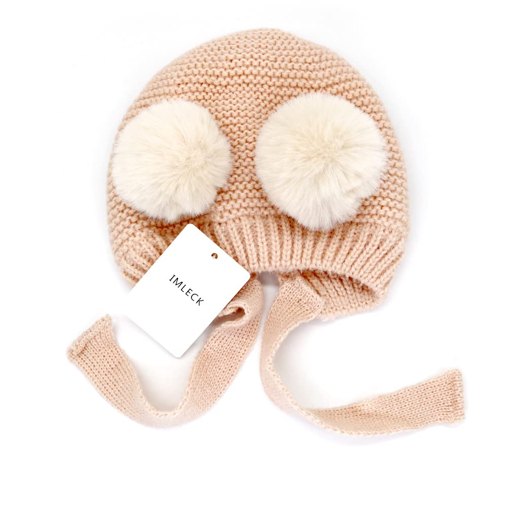 IMLECK Infant Toddler Pure Color Hat Winter Double Pom Pom Knit Beanies Cap with Straps