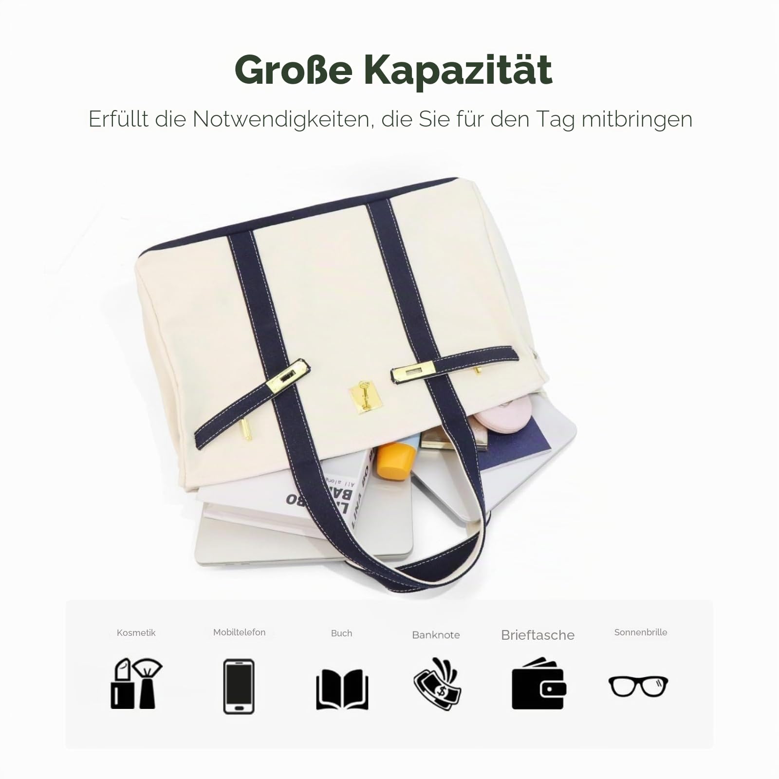 Canvas Shopper Tasche Damen - Großformatige 40x29cm Handtasche Mit Gold Hardware & Anti-Rost Nieten, Elegante Tote Bag Für Arbeit, Uni & Reisen