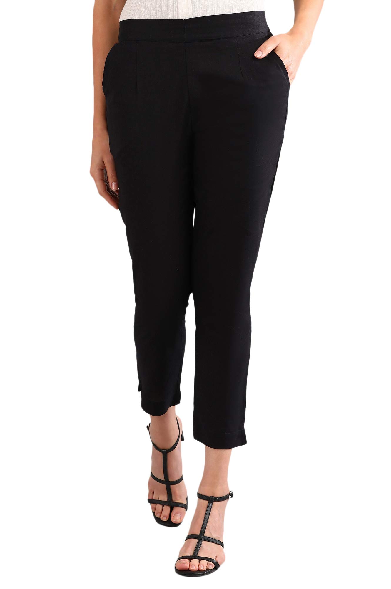 Aurelia Women's High Rise Cotton Blend Strechable Trouser | Ankle Length Trouser | Fit Type: Tapered Fit in neutral
