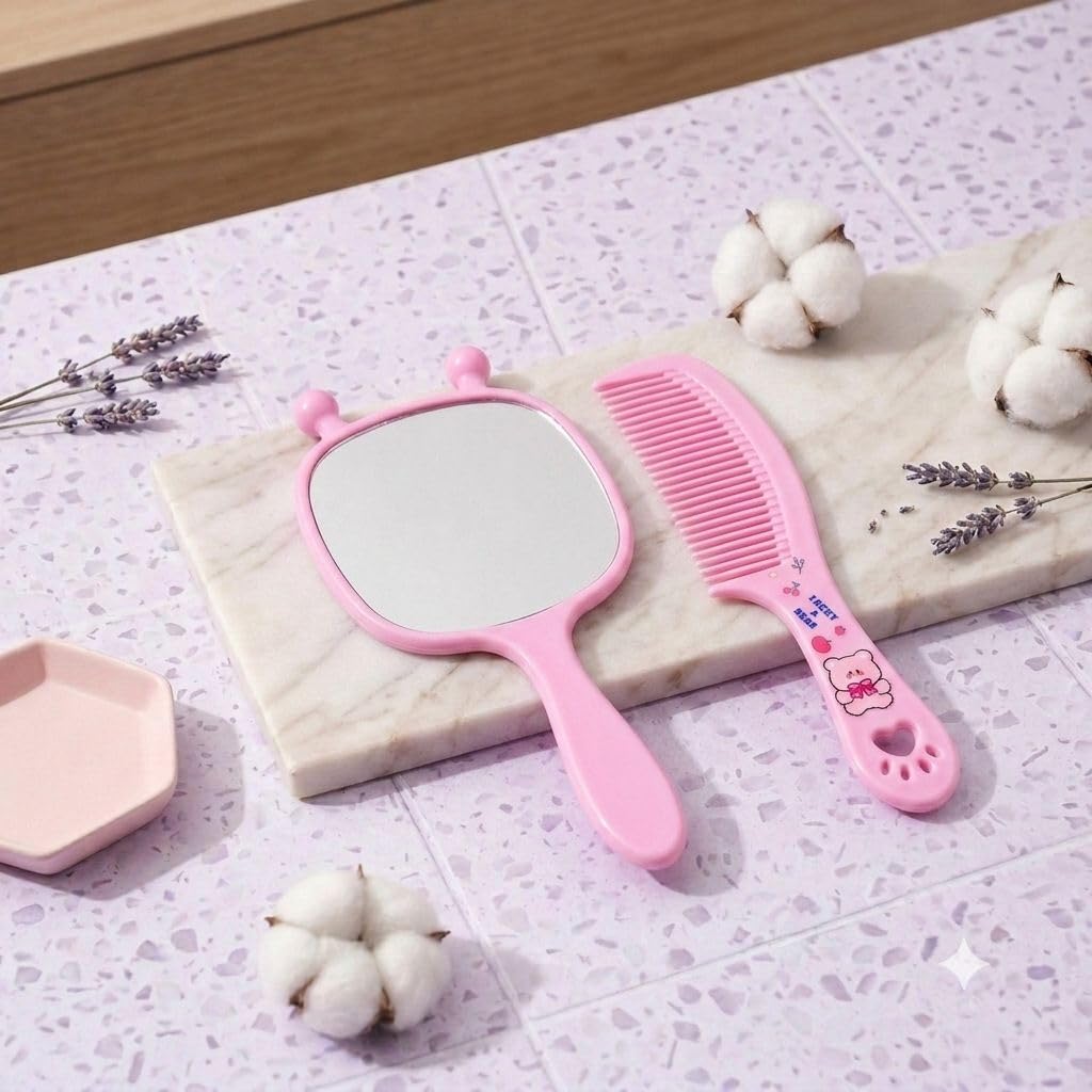 Cute Hand Mirror & Comb Set | 2-Piece Portable Vanity Combo | Cartoon Makeup Mirror with Handle & Hair Comb | Lightweight Travel Grooming Kit | Pink-image-24