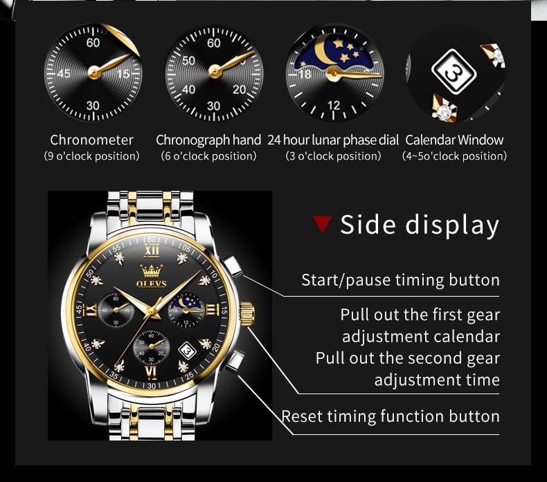 Image of OLEVS Watch for Men Diamond Business Dress Analog Quartz Stainless Steel Waterproof Luminous Date Two Tone Luxury Casual Wrist Watch Blue