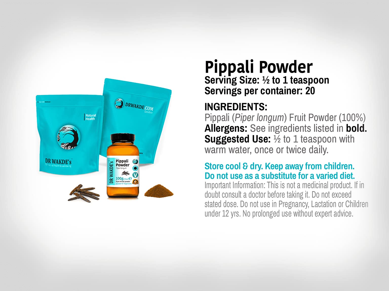 DR WAKDE'S® Pippali Pulver (Piper longum/Long Pepper) - 500g (1.1lb) I 100% Kräuter I Ayurvedische Nahrungsergänzung