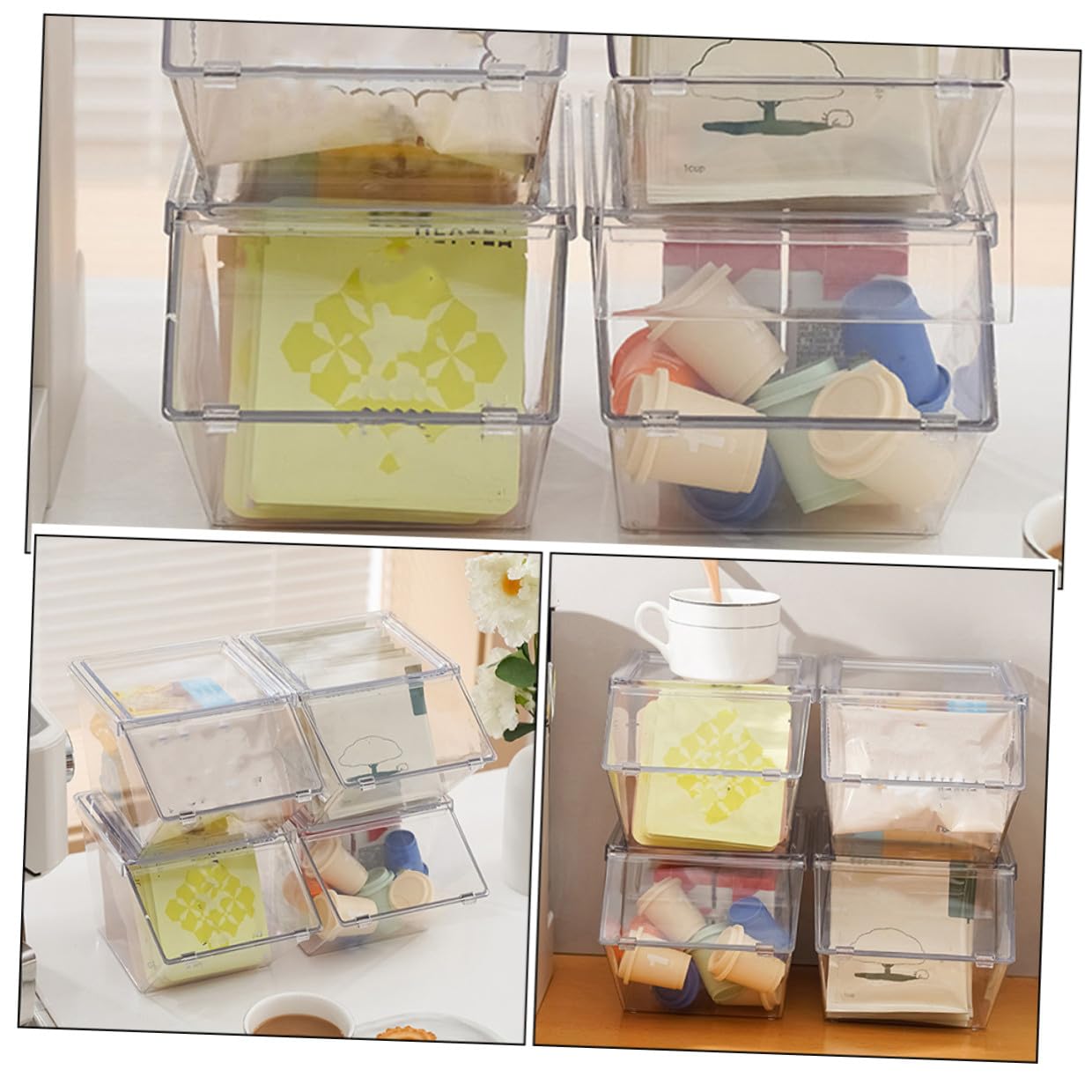 Gadpiparty 4 Stück Teiliges Acryl aufbewahrungsbox Deckel Stapelbare Teebeutel Zucker Kaffeepacket Organizer für Küche und Tisch Transparent Großzügiges Fassungsvermögen Langlebig und