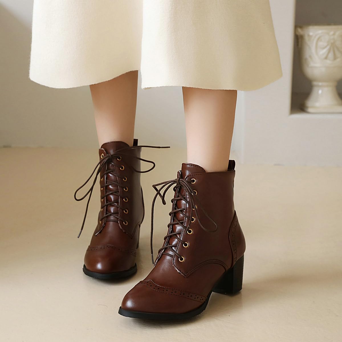 Betastella Women's Lace Up Booties Chunky Heel Ankle Boots Side Zip Short Boots Dress Shoes - Image 5