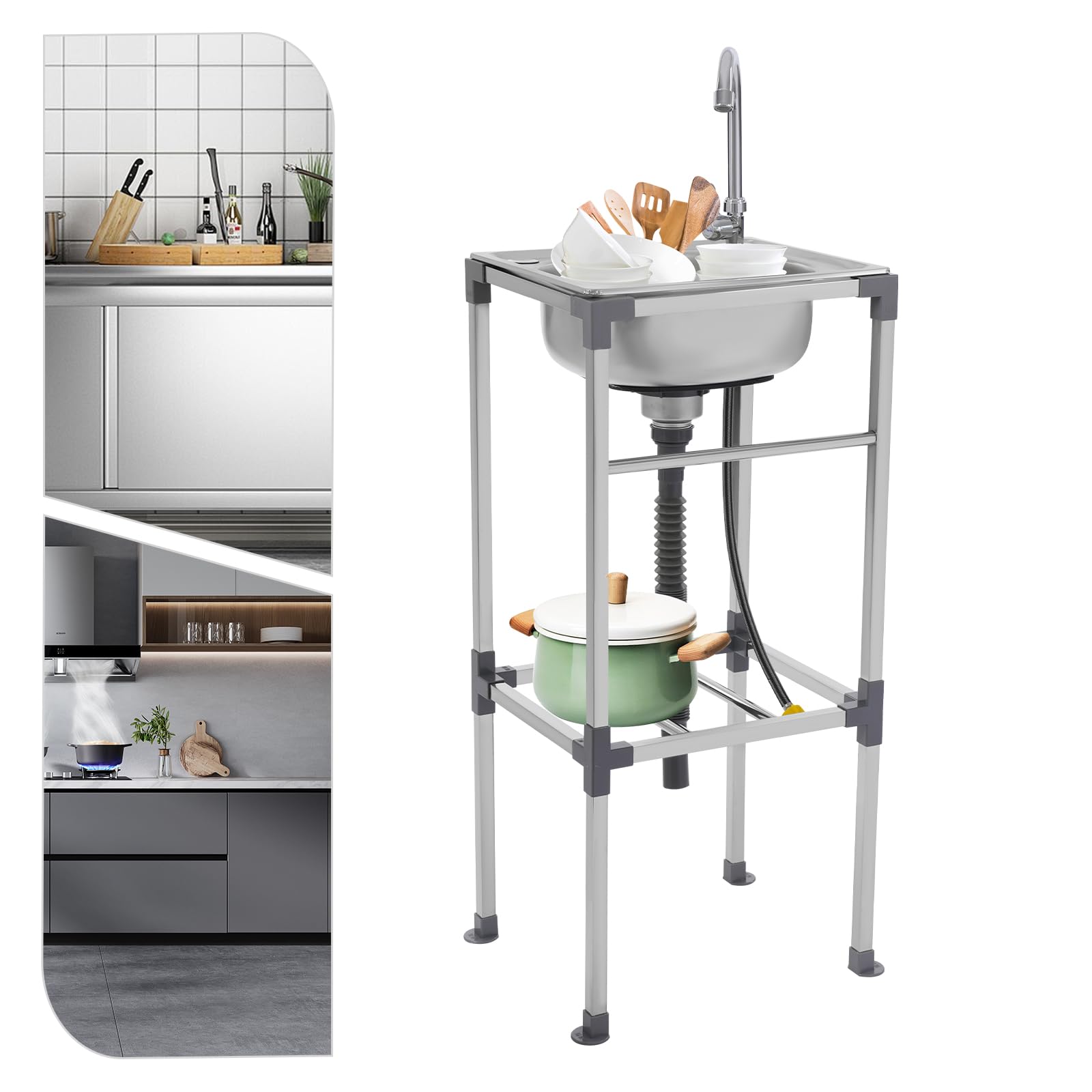 Lavabo indipendente in acciaio inox, 1 vasca, da campeggio con mobiletto, portata 60 kg, ideale per cucine, garage, cortili (42 x 37 x 83 cm)