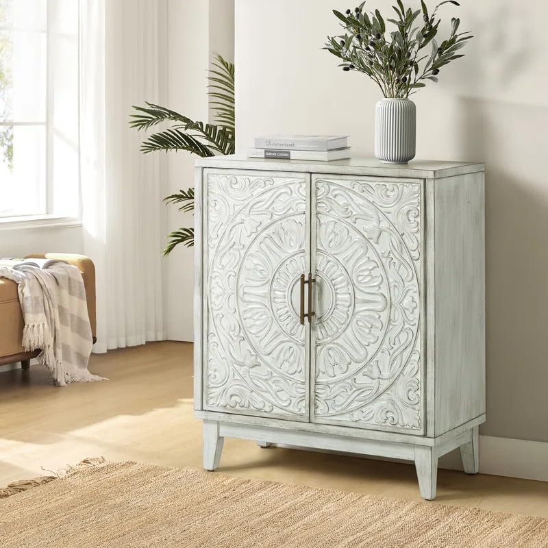 WOODSY CREATIONS Hand-Carved Wooden Sideboard Cabinet with Floral and Geometric Designs - 30" x 36" x 15" (White)