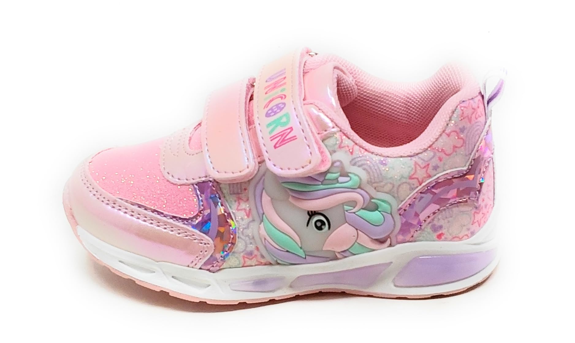 Zapatillas de niña con unicornio, rosa con purpurina, doble tira, luces integradas en la entresuela y en el lado zapatilla