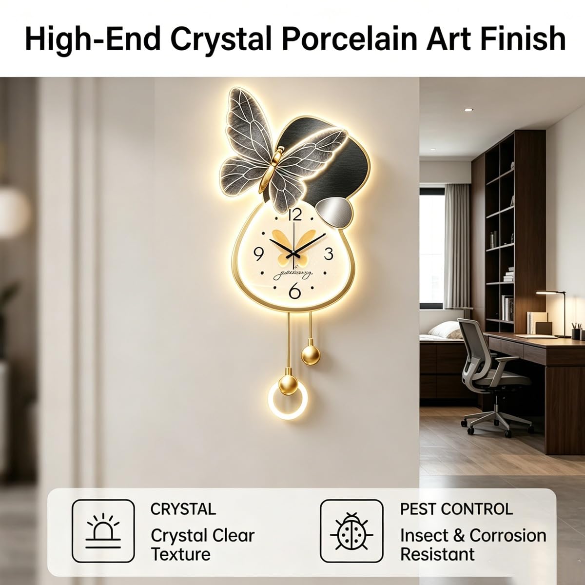 EBOYNSowAprr 3D Arte de pared 3D con LED Reloj Mural LED para Salón | Escultura Mural Mariposa Moderna con Reloj Colgante Silencioso & Luz Regulable con Mando a Distancia(B,27.6x38.6in)