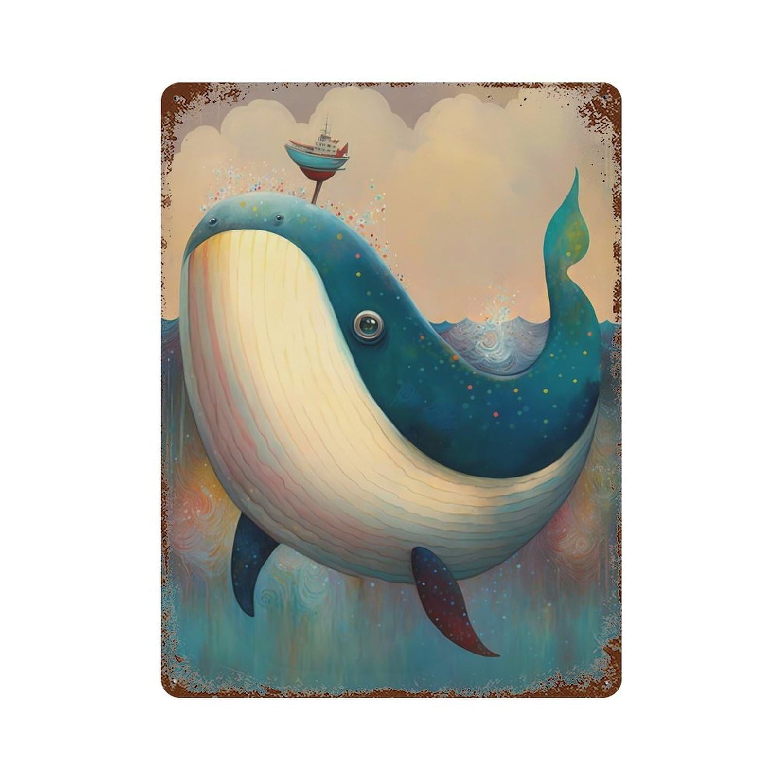 Rustic Tin Plaque with Cute As A Button Whale Design 15.7"x11.8", for Cafe, Home Bar And Lounge Decor, Industrial Home Decor
