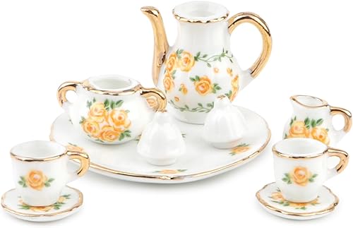 Miniatura 9 de Juego de tazas de té para casa de muñecas, a escala 16, accesorios para casa de muñecas en miniatura, 8 piezas, patrón de flores, tetera, plato,
