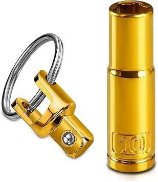 ZHAX 3/8-Inch Drive 10mm Deep Socket-Gold Plated, 6-Point with Detachable Key Ring, CR-V Steel, for Automotive & DIY