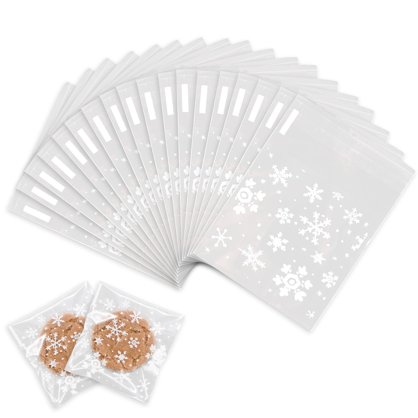 100PCS Christmas Cellophane Bags,Small Clear Gift Bags Snowflake Food Treat Sweet Bag Plastic Self Seal Sweets Fudge Biscuit Cookie Favour Bag Empty,for Xmas Party Gifts Candy Chocolate Cake Packaging