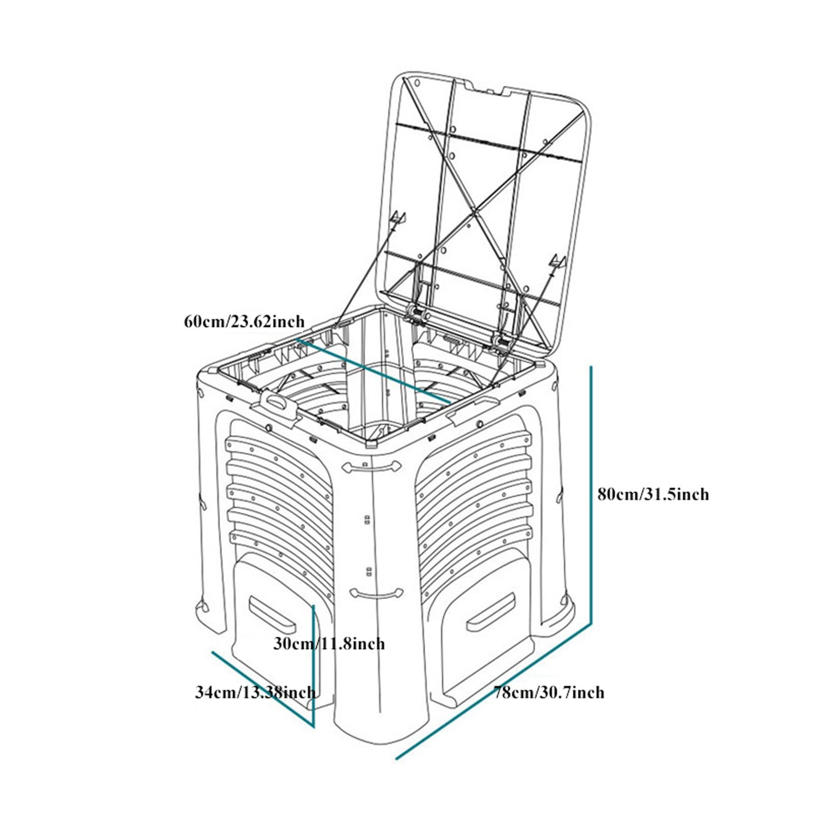 Compostador Jardín Cubo de compostaje, caja de compostaje grande for exteriores de 105 galones (400 L) con tapa abatible superior y 4 puertas de salida inferiores, material libre de BPA, barril de com