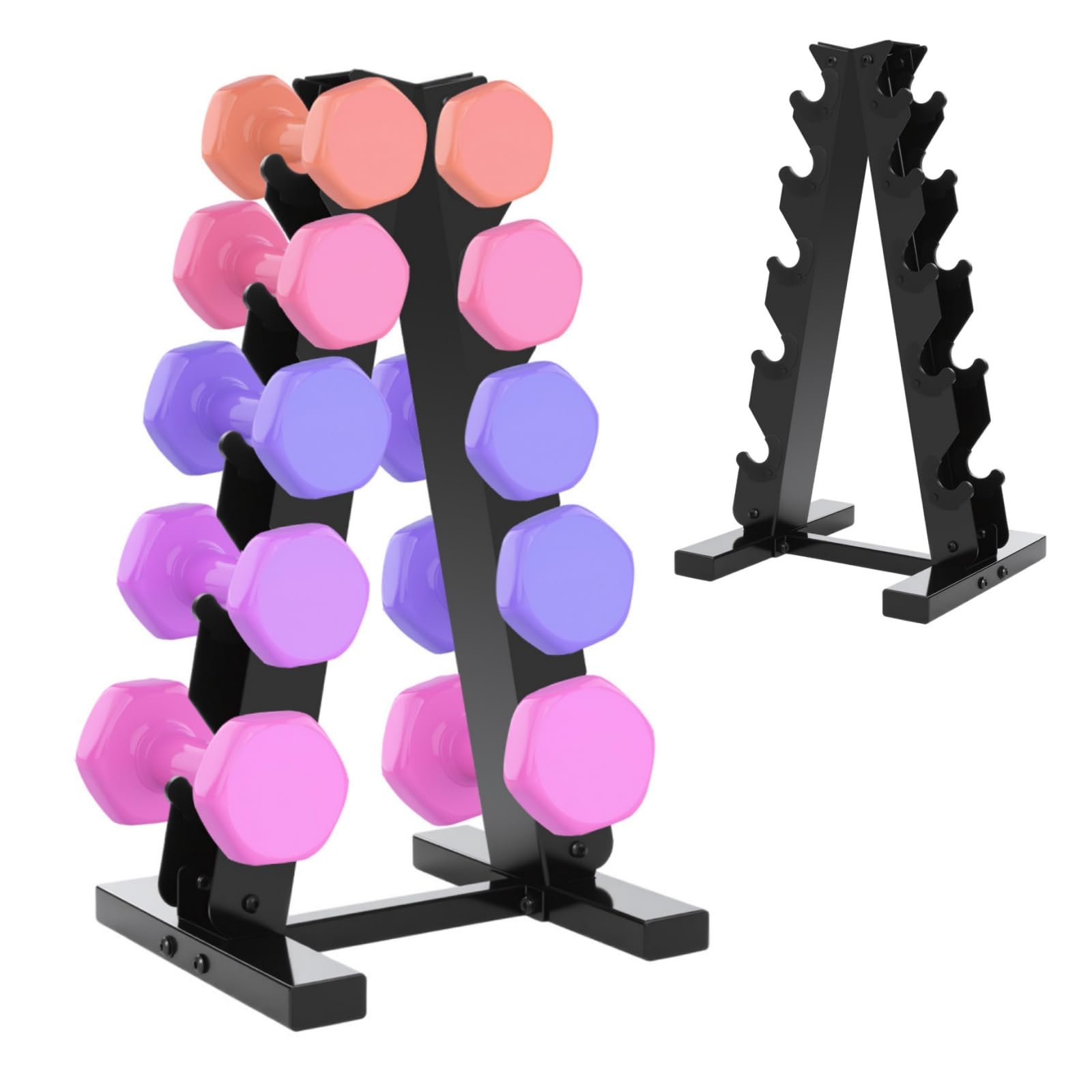 Supporto per manubri a 5 livelli, design ad A, in acciaio, per manubri fino a 100 kg, salvaspazio, robusto supporto dumbell per la casa, la palestra, la palestra (nero)