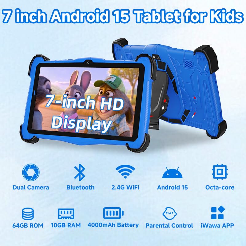 Image of 7 Inch Kids Tablet with Shockproof Case, Android 14 Educational Learning for Toddlers 3-10, 10GB RAM + 64GB ROM, Dual Camera, WiFi, Bluetooth