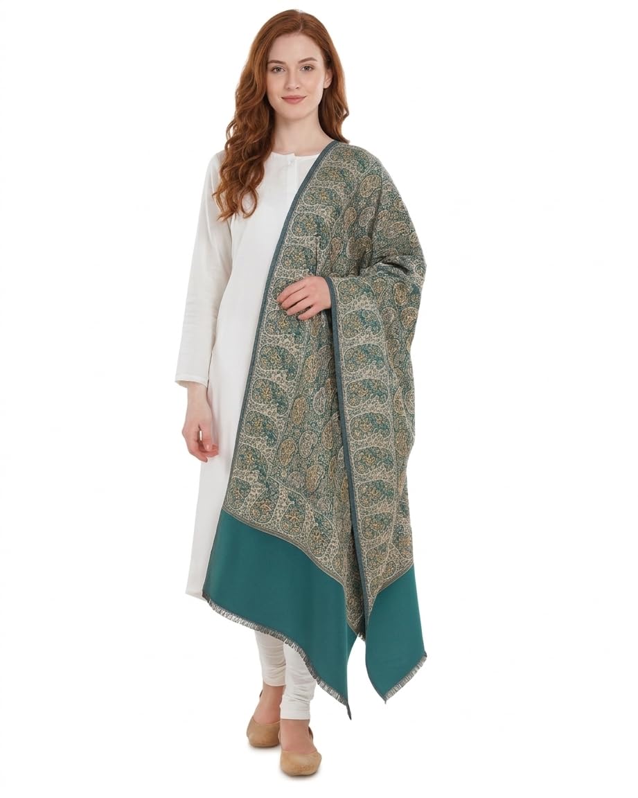 Women's Kashmiri Style Paisley Winter Shawl | Woven Wrap Stole-Teal-image-5