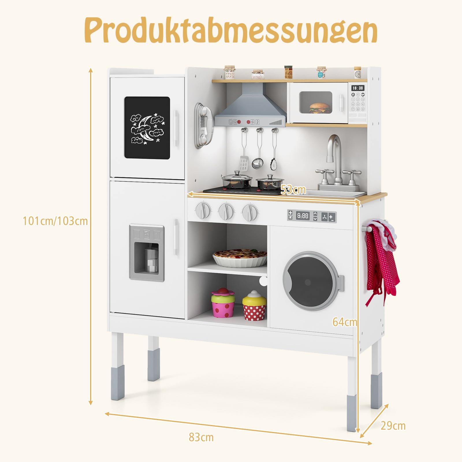 DREAMADE Höhenverstellbare Kinderküche mit Licht und Sound, Spielküche aus Holz mit Zubehör, Kinderspielküche mit Spüle Herd Backofen, Holzküche Spielzeugküche für Kinder ab 3 Jahren (Groß-Natur+Weiß)
