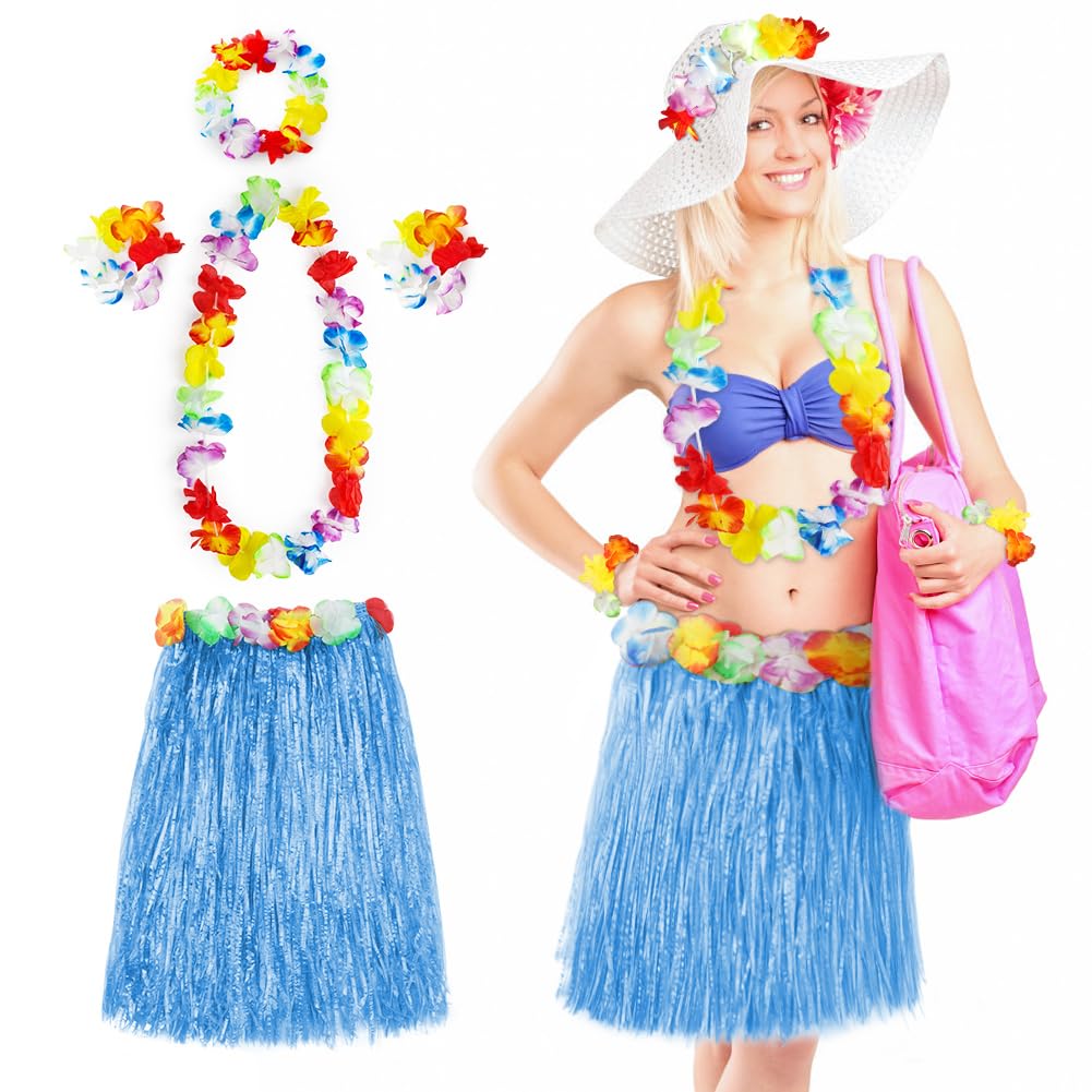 Aomig Hawaiian Grass Skirt Set, 5PC Hawaiian Garlands, Tropical Fancy Dress Hawaiian Headband Necklace Wristband Flower