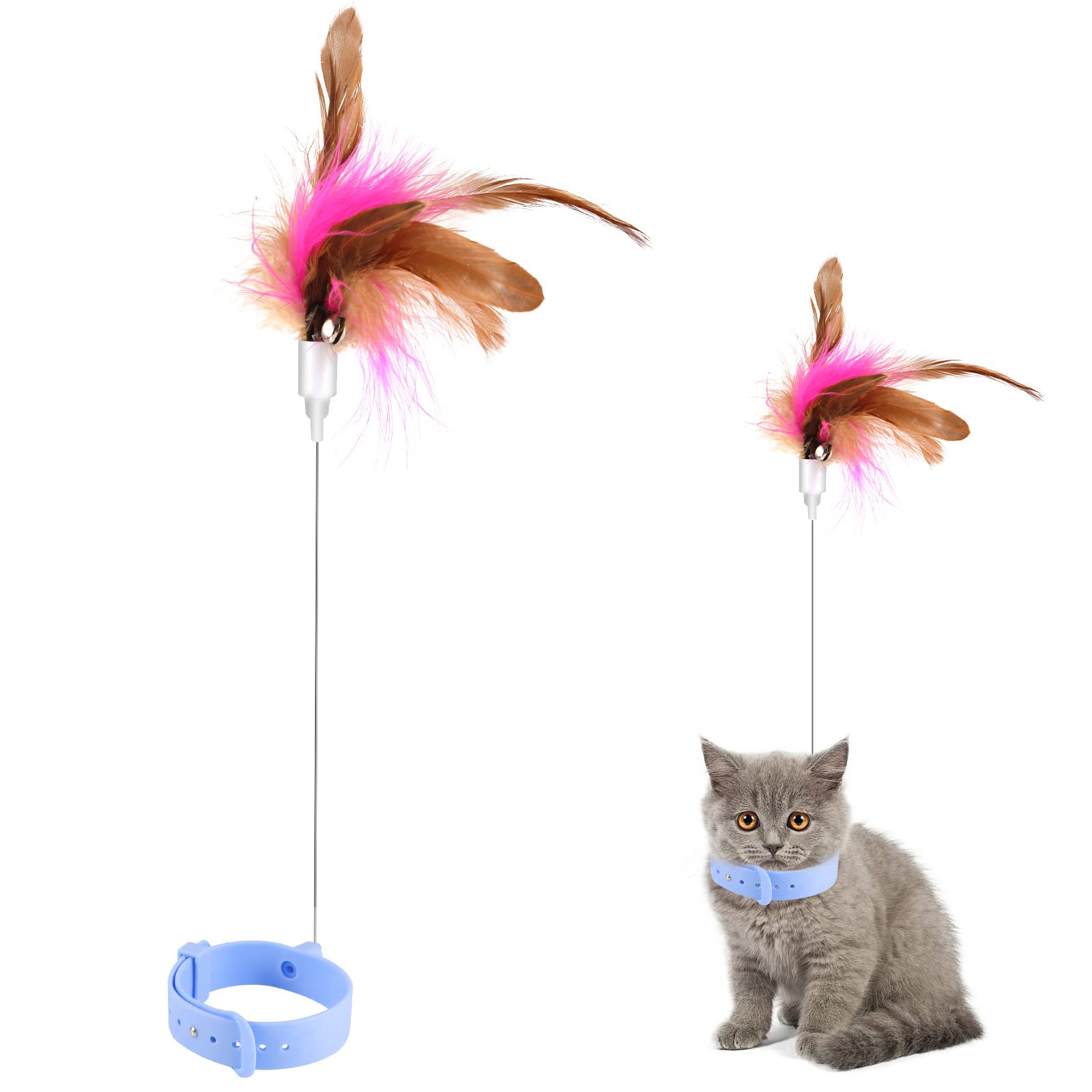 TOYMIS Juguetes para Gatos Plumas, Juguetes Interactivos para Gatos Ajustable Juguetes de Cuello de Plumas para Gatos con Campana Juguetes Interactivos para Gatos para Interior Gatitos Jugando (Azul)